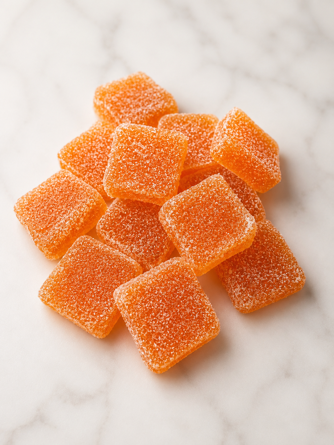 Sugar-coated orange gummy squares on marble